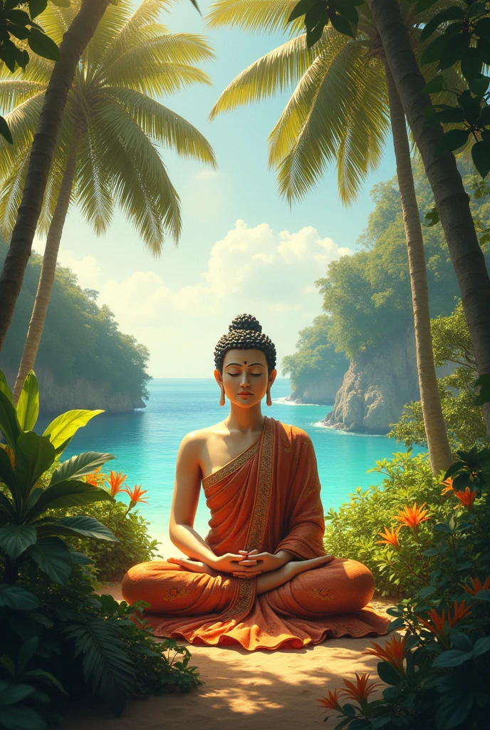 a huge Buddha Statue is lying on beach chair, sunglasses, cocktail, sand, beach,