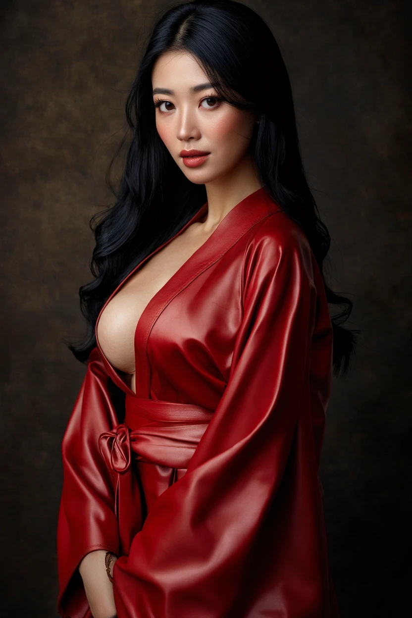 Masterpiece, (((full body shot view))), ((1 girl solo)), (one beautiful (Indonesian:0.8)-(Spanish:0.2) girl (looking at camera:1.5)), (((Risyana Devita))), 20 years old, breathtaking beauty, natural beauty, perfect and delicate face, detailed facial features, beautiful brown eyes, detailed eyes, soft lips, (long dark-black hair:1.5), (tall figure:1.5), (athletic body), (small breasts), cleavage breasts, pearl skin, (skin pores:0.7), extremely detailed face and skin texture, (skin texture:1.1), beautiful long legs, standing model pose, in a photo studio with flat background, (wearing a ((true-red) sexy Kimono Dress), extremely detailed and realistic clothes, sharp focus, 8k uhd, best quality, ultra-detailed, realistic, colorful tones, natural lighting, clean lines, vibrant colors, modern art style, high-res, professional-grade, textured finish, contrasting elements, dynamic composition, lifelike texture, precise details, expert craftsmanship, layered colors, dramatic lighting, stunning visuals, exquisite artwork, (depth of field),