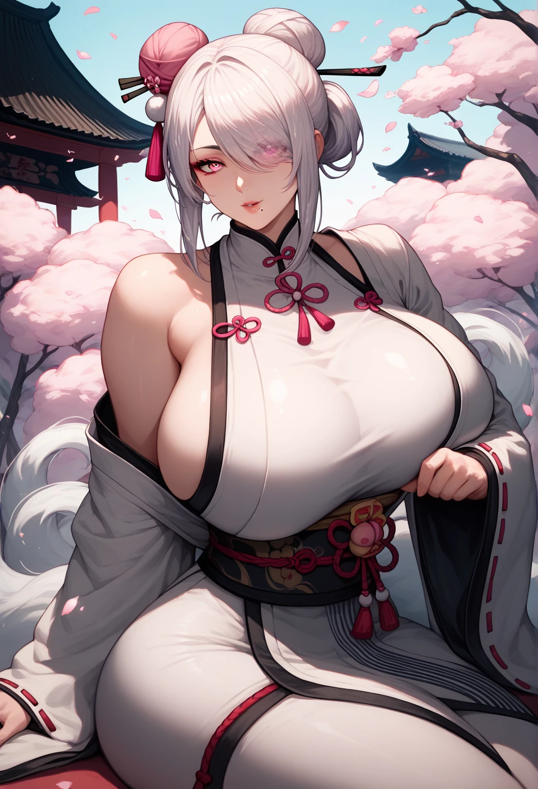masterpiece, Highest, night, full moon, (1 female, Mature Woman,Big Breasts,Bursting Tits),Chinese style, ancient China, younger sister, Royal Sister, Cold Face, Expressionless, Woman with long silvery-white hair, Pale pink lips, Calm, intellectual, Three belts, Gray Hitomi, assassin, dagger, Flower ball background, Street view