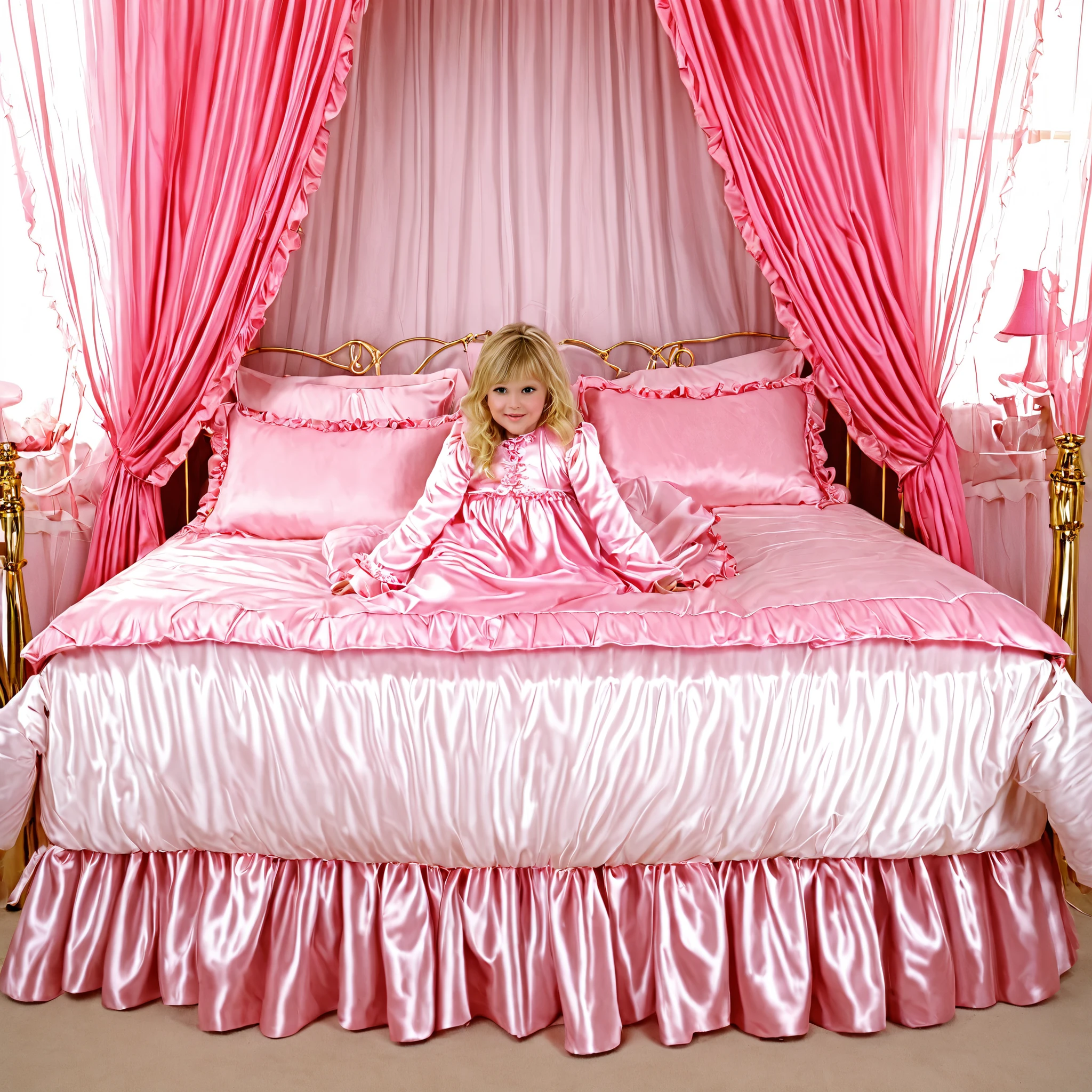 ((A cute girl on the big bed)),((early age girl)),short and tall,detailed baby face,small face, a plump quilted pink silk satin nightgown, long sleeves,frilled sleeves, ,a bed with a mountain of pink silk satin pillows,((pink canopy bed:1.1)),,king size bed,more big bed,lot of silk satin frilled pink pillows,more pillows, A plump qulited pink silk satin soft devet,devet decorated ribbons, ruffles lace silk.retro white pipe bed frame, realistic, blue eyes, rolled long blond hear,