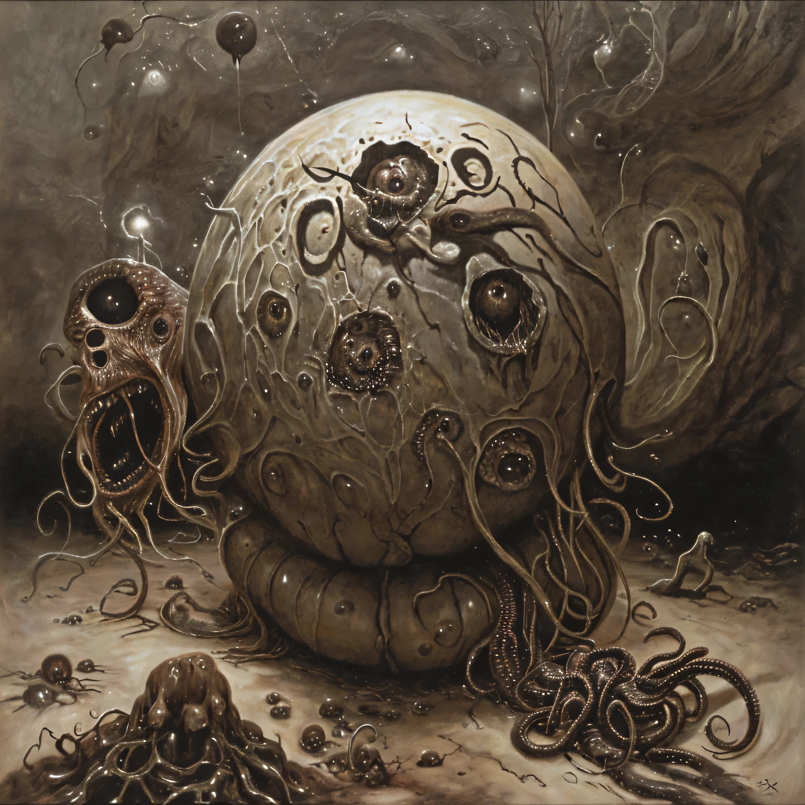 an obscene mass of flesh, , resembling a bloated , throbbing sphere. It swings in place, with a huge, open mouth, which, Seems, never closes. Inside this cavernous mouth, rows after rows of serrated teeth glitter ominously. Around the mouth are numerous tentacled, each ends in sharp, spiked hook. A river of worms constantly escapes from Morazmav's mouth, , sliding across the ground and burying into unsuspecting prey., There is a dark grainy atmosphere of horror, Very detailed, cinematic lighting, sullen dramatic colors, masterpiece, 8 k, hyperrealistic