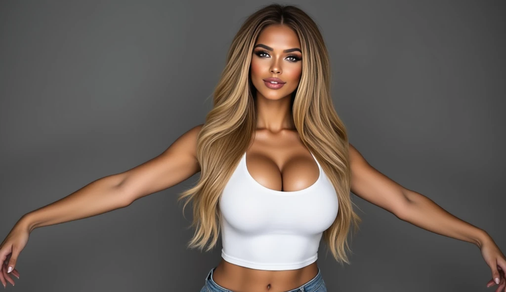 RAW photo, a 20-year-old Brazilian woman, blonde balayage, long hair, medium size breast, hour glass shaped body, wearing beige sexy dress, (soft backlight), realistic, masterpiece, highest quality, lens flare, [[chromatic aberration]],best shadow, photorealism, hyperrealism, one girl