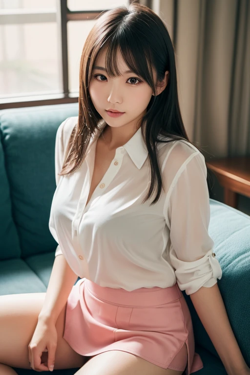 (8K、nffsw、Hi-Res)、((((a picture、Raw photography、Hyper-Realism、masterpiece、top-quality、超A high resolution))))、(Pin Light、Back lighting、Back lighting、ciinematic light)、foco nítido:1。4、(Hyper-detailing、finedetail)、cowboy shot、 1girl in、Egg-shaped face、Big, Beautiful eyes like a cat、small and slightly plump lips,,,,,、thick eyebrow、long and beautiful eyelashes。Transparent throughout makeup、There a pink touch and sparkling lip gloss on the cheeks。Hairstyle dark brown medium hair with wavy waves。Random and sexy poses,Random situations、large full breasts、cleavage of the breast、A smile、bokeh feeling、25-years old、(Drooping eyes 1.5)、 beauty、natural、japanes、(((Wearing a white shirt and black miniskirt)))、Small piercings、((Sit on the sofa in the president's office:1.3)), (In an office in a high-rise building:1.3), ((Focus on Face:1.2)), (Cowboy Shot:1.2),