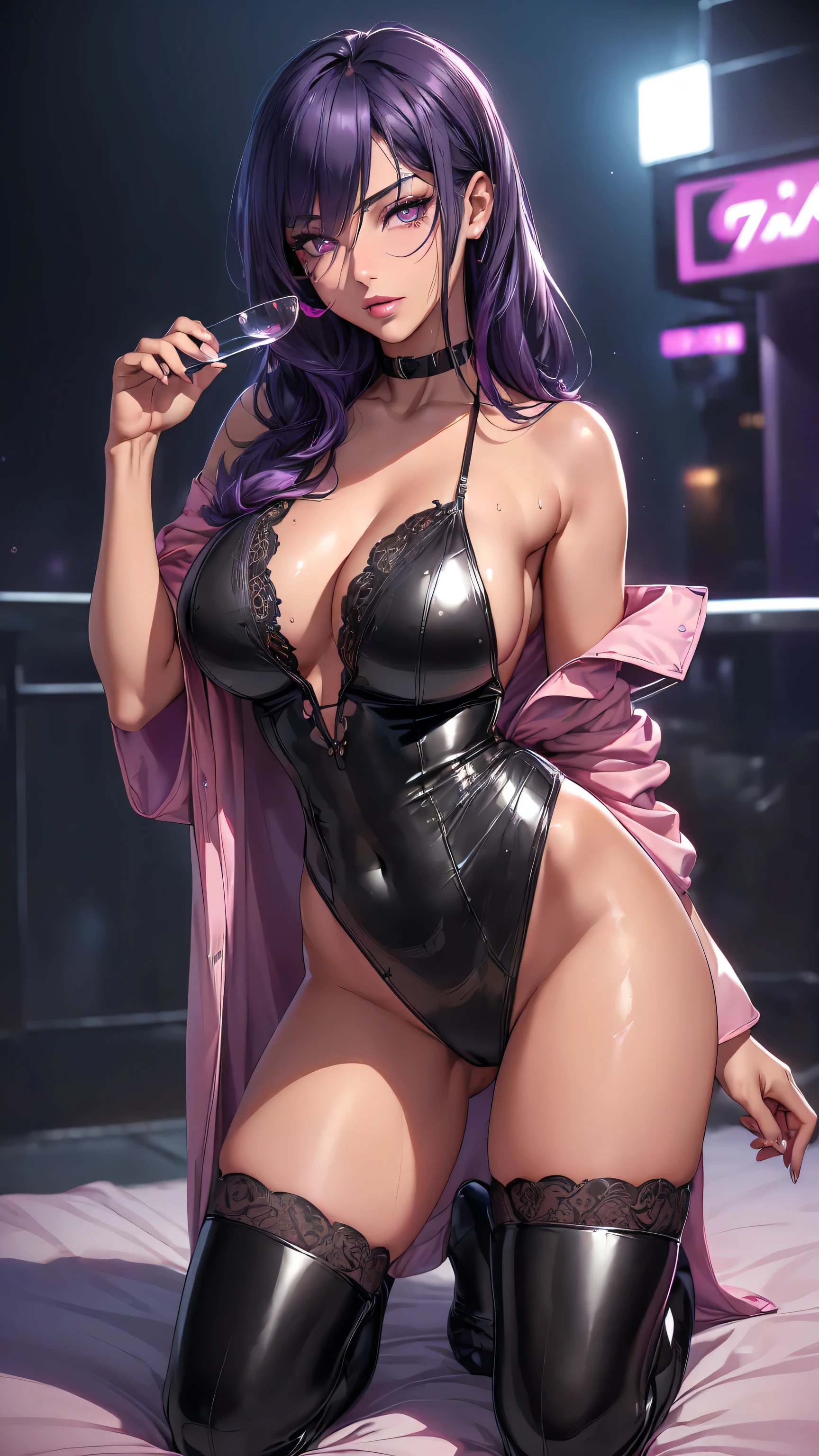 (ultra-detailed,photorealistic:1.2), HDR, professional, vivid colors, bokeh, 3D rendering, sexy curvy girl, solo, purple hair, ahegao face, big boobs, sensual, seductive pose, soft lighting, lace lingerie, high heels, boudoir photography, glamorous, confident expression, alluring gaze