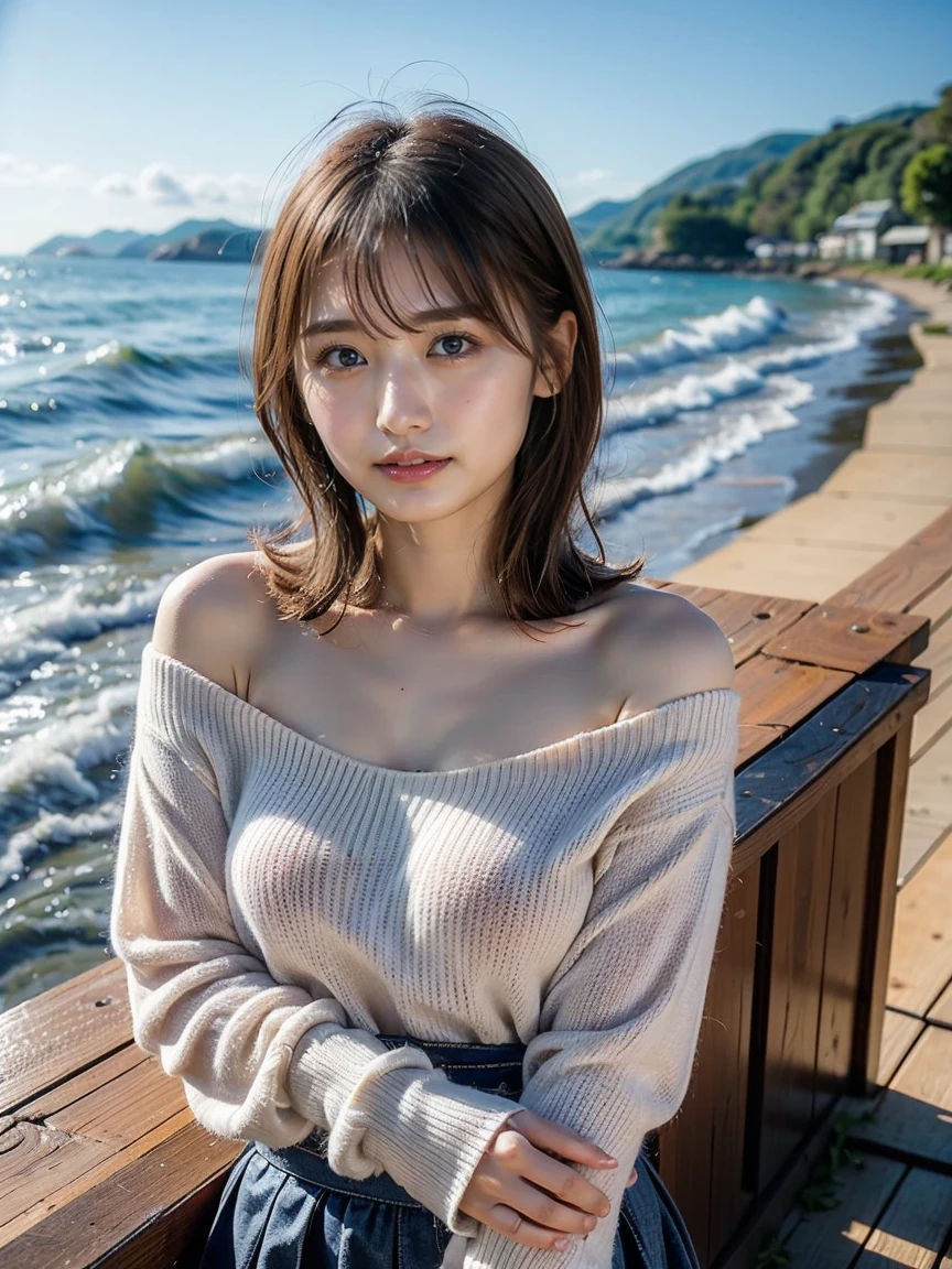 masutepiece, Best Quality, Photorealsitic, finely detail, hight resolution, 8K Wallpapers, Perfect dynamic composition, Beautiful detailed eyes, Medium Hair, large full breasts, Random and sexy poses,Bring your chest together、(Super tight khaki knitwear))、(Breast bulge 1.2)、A smile、open open mouth、Resort scenery、23years old、(Drooping eyes 1.4)、Adult beauty、japanes