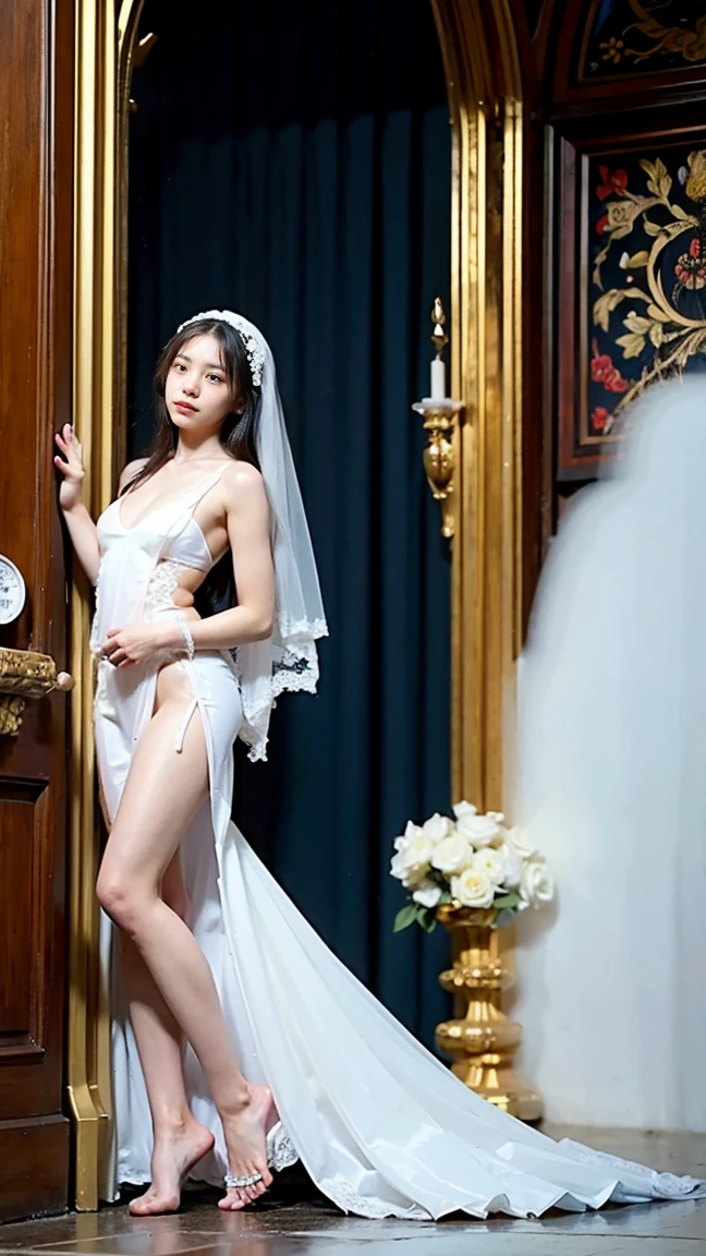 (RAW photo:1.2), (realistic), beautiful detailed girl, very detailed eyes and face, beautiful and detailed eyes, huge file size, High resolution, very detailed, highest quality, [table top:1.6], shape, very detailed, small details, highest quality, 8k wallpaper, movie lighting,woman in a torn wedding dress, Mysterious cube-shaped flying object, Destroyed world, Fleeing Woman, fight bravely, Desolate world, running, A white bra is visible through the torn wedding dress, White panties are visible, A red shining disaster々new cube, look of fear, slender body, young face, immature body, Exposed underwear, white high heels