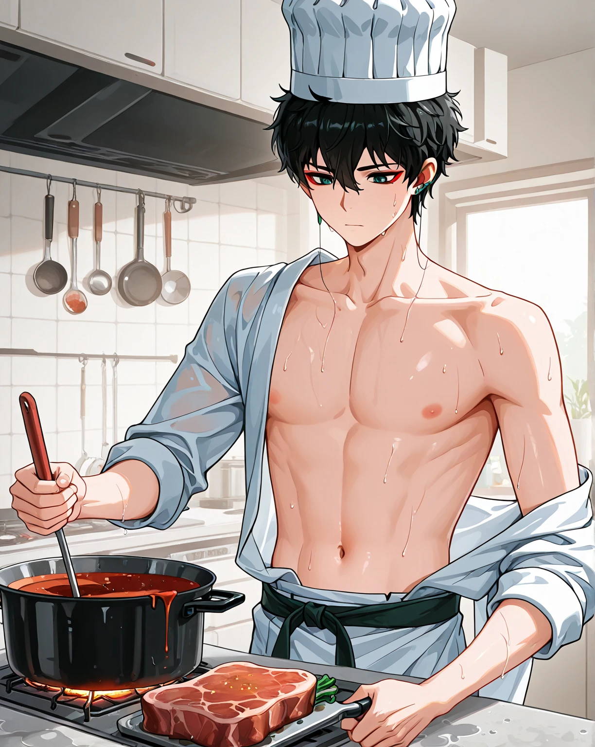 1 boy, kitchen, naked, apron, tight fitting apron, wet, fabric sticking to skin, nipples visible through cloth, erection, bulge, penis, cock, sweat, blush, deool, NSFW, lewd,