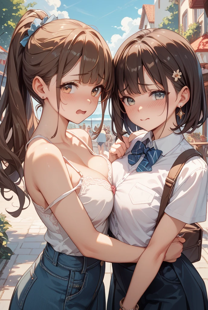 crowded train、Multiple women、Cute women、Many female passengers、Thick thighs、Best image quality、High resolution、masterpiece、super high quality、Black bra、Black panties、Big Ass、Large Breasts 、Blushing、4K quality、Reached orgasm、Wearing black knee socks、Heavy breathing、From directly below、from directly below、, 1girl, arm up, 1man, {{{man put hands on girl’s crotch}}}, train interior, crowded, weep face、(Positive prompt)
(1 girl)++, (masterpiece)+++, (best quality)+++, (ultra cute kawaii)+++, love live!, anime colored, , tears, (steam)+++ , be molested ,feigned ignorance, wearing blazer whiteshirt ,checked skirt , (turn up a shirt), misaligned bra ,arched back, crowded train, (many man standing behind girl )++, dynamic pose, Dynamic hand movements, (breast grab)+++, man's arm grabbing a girl's tits, (frying hands), (floating hands), (grabbing from behind),Skirtlift