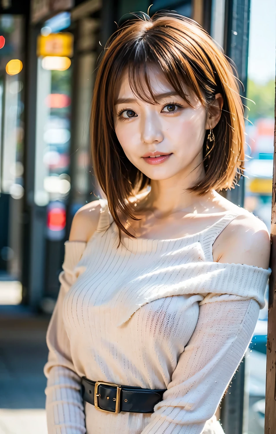 pureerosface_v1, beste Quality, photorealestic, 8K, a highres, 1girls, a women, (Skindentation), (portlate:0.6), gorgeou, dinamic pose, ((Urban background:1.6)), ((Medium Size Round Breast, White V-neck sweater:1.4)), straight-looking at viewer:1.8,smile on face、 (1 Girl's eyes looking at the viewer, medium-length hair, brown colored hair, Putted Bangs:1.65), (vokeh), (Keep your mouth shut:1.46),