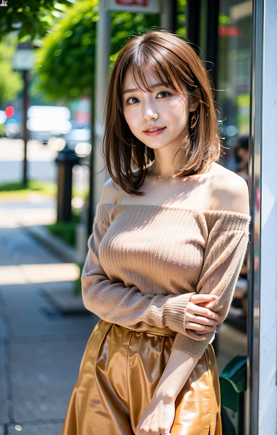 Ultra High Definition, Superior Quality, Premier Quality, ultra detailed, Photorealistic, 8k, RAW Photos, highest quality, masterpiece, Attractive girl, Stunning girl, Brown Hair, Shoulder Length Layered, asymmetrical bangs, Japanese Idol, Sophisticated, Stylish, Off-shoulder top, Shibuya, 