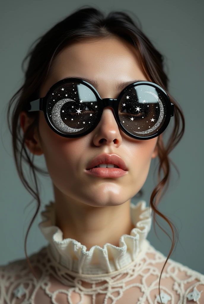 The model is wearing glass sunglasses with stars and the moon on the glass