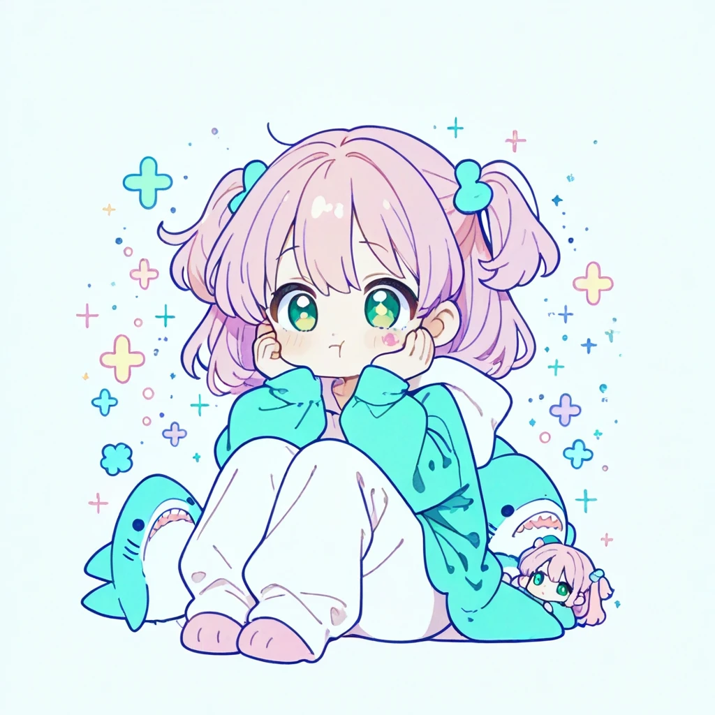 ((best quality)), ((masterpiece)), (detailed), perfect face, 1girl, nakano itsuki, smiling, whimsical, triad color pallette, hugging knees, looking at viewer, pink water droplets, smiling, flat colouring, full body, blank space on the left, fluffy red hair, star hairclips