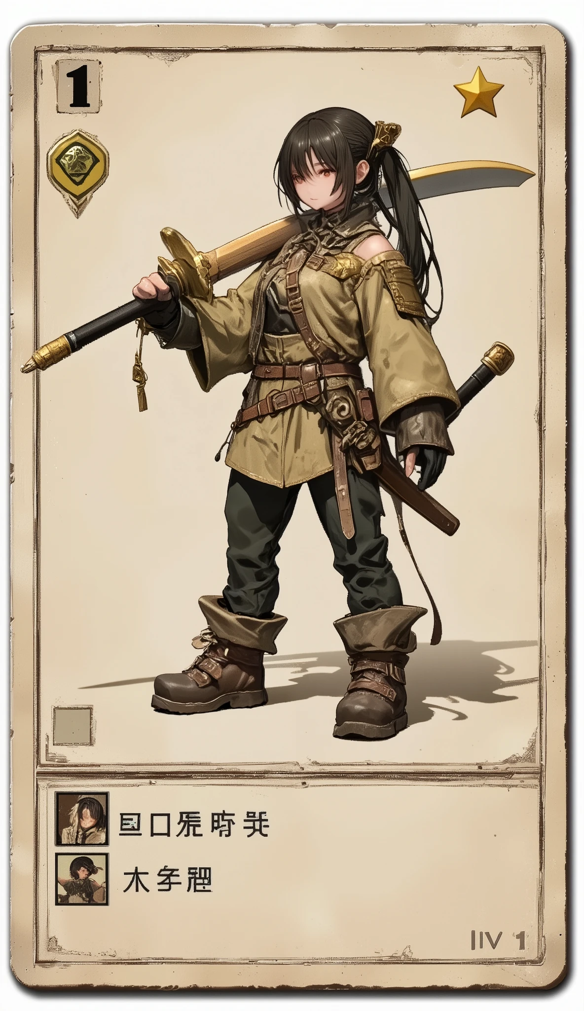 A game card, the weakest character, a female character, 'LV 1' printed on the game card,a small character card, a shabby sword, shabby equipment, a single star, a plain colored card,