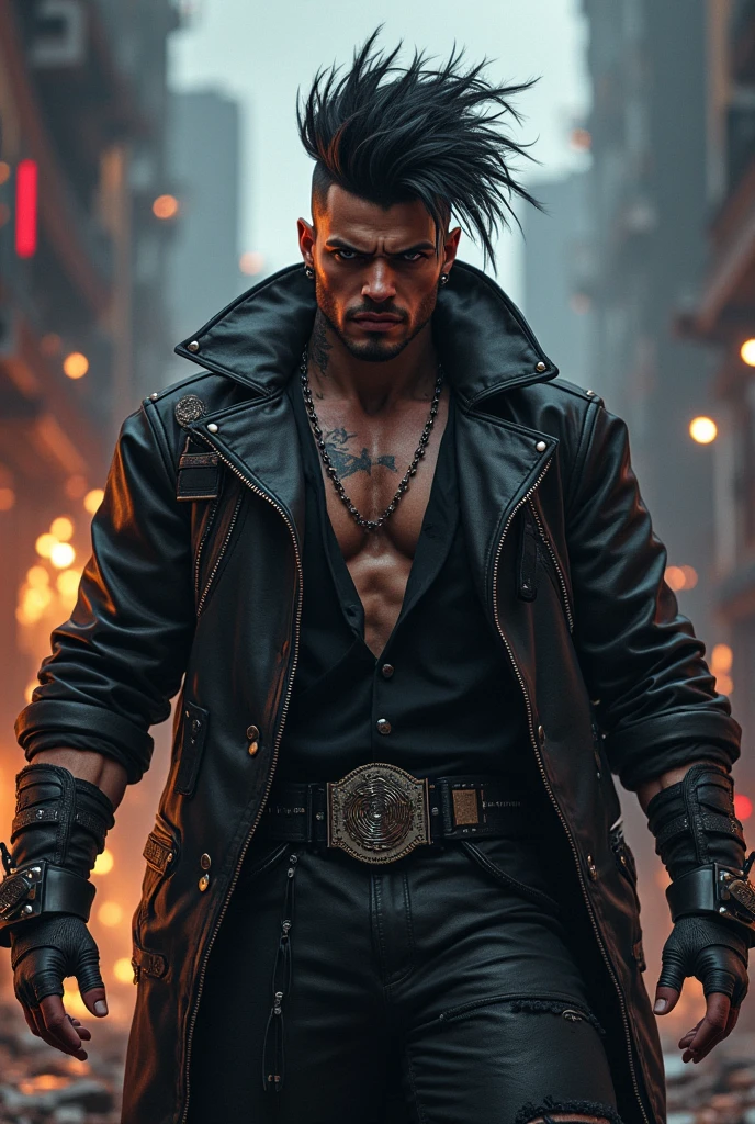 Picture a dystopian future in the year 2500, with a cyberpunk aesthetic and a backdrop of ruined buildings. In the center of the frame is Kintaro, a burly Japanese man with a vibrant expression. He's equipped with a massive energy axe and is wearing a combat suit. His head is covered with a fur hat, and a bear-shaped pendant around his neck serves as a power booster. His companion is a massive bear, adding a unique element to the scene. The color scheme is a mix of gold and brown. The image should be rendered in a hyper-realistic style, with a high level of detail and a resolution of 16k. The lighting should be low and moody, with neon lights casting long shadows and creating a sense of drama. Use a telephoto lens to emphasize Kintaro and his bear against the backdrop of the desolate landscape. --ar 16:9 --v 5.1 --style raw --q 2 --s 750