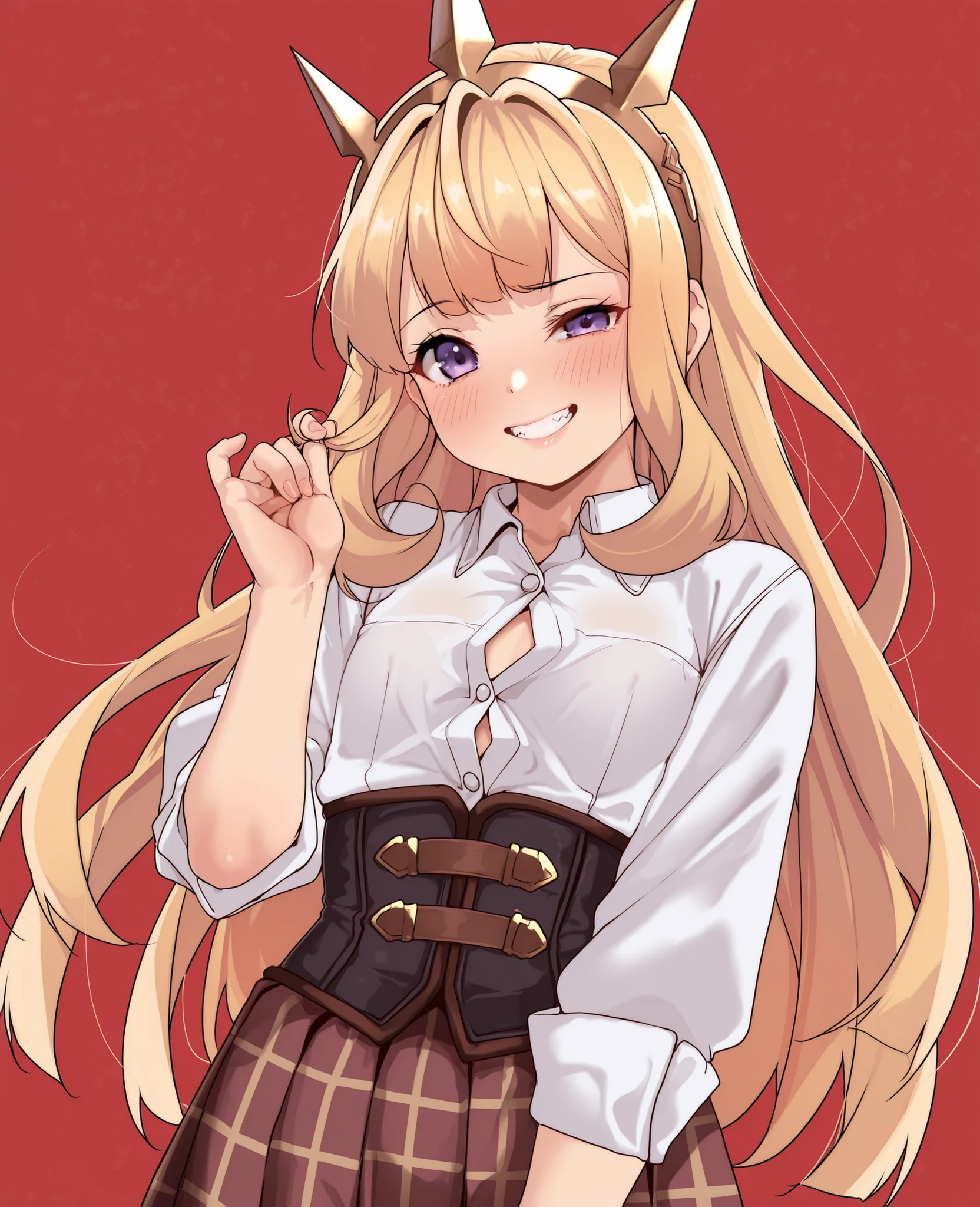 by todding, by geshumaro, 1girl, solo, cagliostro (granblue fantasy), blonde hair, purple eyes, gold hairband, spiked hairband, petite, flat chest, white dress shirt, button gap, black corset, brown skirt, pleated skirt, checkered skirt, long skirt, playing with own hair, hand up, looking at viewer, raised inner eyebrow, smile, grin, evil grin, uneven eyes, crazy grin, red background, masterpiece, best quality, amazing quality