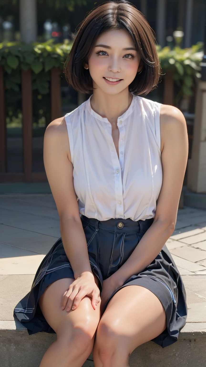(High resolution 8K),Bright light illumination, armpit, armpit, lens flare, sharpness, (masterpiece), (top-quality), The ultra -The high-definition, high resolution, extremely details CG, subject, (Photographic Equipment, Strobes, tripods, photography lights, reflectors, LED lights), japanes、(1girl in)、beauitful face、(Real Face:1.4)、(Caramel hair、long:1.3)、Beautiful hairstyle、realisticeyes、Beautiful Detail Eye、(Real Skin:1.3)、Beautiful skin、enticing、超A high resolution、A hyper-realistic、high-detail、the golden ratio、(detailed face:1.4)、(Anna Tanaka)、((High School Girl Uniform))、Pubic area visible、sit on stairs, frontage