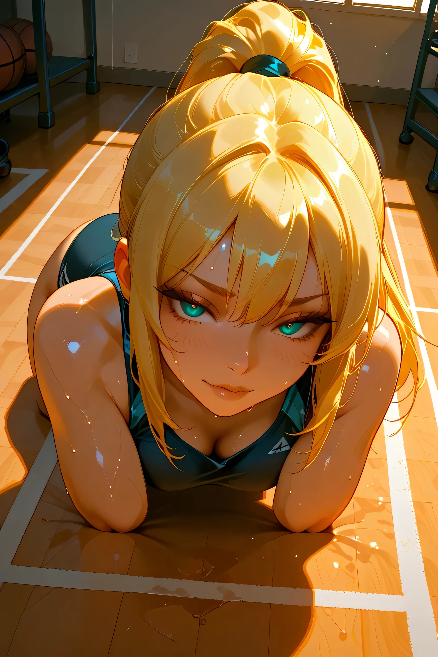 (masterpiece:1.2), (best quality:1.2), (very aesthetic:1.2), (absurdres:1.2), (detailed background:1.1),
8k, high resolution, illustration, sharp edges, original, Perfect Pixel, highest quality,
1girl, blonde hair, long hair, straight hair, ponytail, aesthetic body,
on all fours, in the gym, dirty and sweaty, intense lighting,
sexual expression, seductive eyes, up-from-under-look, high angle, full body,