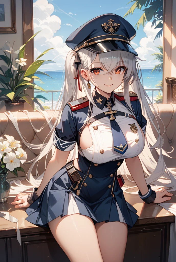 Expressive eyes, (((1 girl))), ((anime)), (Silver Hair, Long Hair), (Half closed eyes), ((Very large breasts)), ((Firm breasts))， ((Exposed thighs)),((German military uniform，military hat))，((The sides of the sleeveless top are visible)), ((Big breasts and ass)), ((Blunt bangs)), ((white, Race)), ((Standing in the temple)), Captivating smile, Princess Cut, Shiny Hair, (masterpiece), Anatomically Correct Art, Very detailed, Advanced Details, high quality, 最high quality, High resolution, 4K, 8k, ((mini skirt))，(((Captivating smile)))