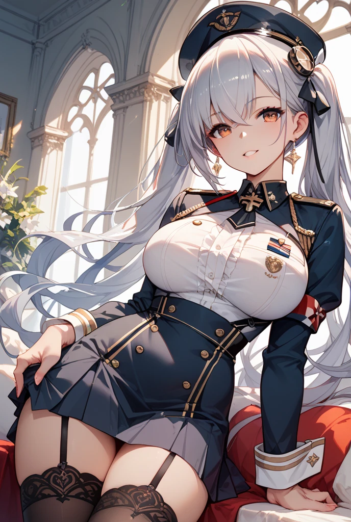 (masterpiece:1.2), best quality, high resolution, unity 8k wallpaper, (illustration:0.8), (beautiful detailed face:1.2, beautiful detailed eyes:1.2), perfect lighting, extremely detailed CG, (perfect hands, perfect anatomy),
Cute, beautiful, charming lady, shiny hair, lustrous skin,
milf, married woman, soft With a gentle appearance and a gentle mother-like atmosphere,
isuzu_a, long hair, ponytail, hair ribbon, brown eyes, big breasts, brilliant park uniform, red shirt, aiguillette, black skirt, white thighhighs,