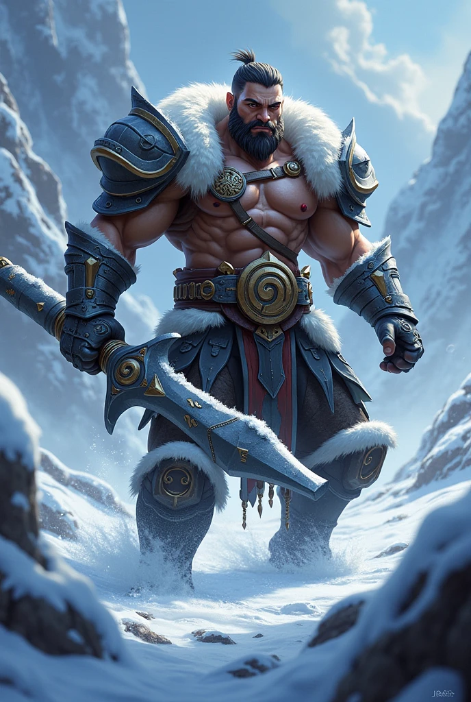 Mighty warrior, shirtless upper body, legs exposed from thighs to feet, cascading long curls, detailed muscular physique, lifelike depiction, 4K resolution. Background: Snow-covered mountain peak,32k uhd, best quality, masterpiece, super detail, high details