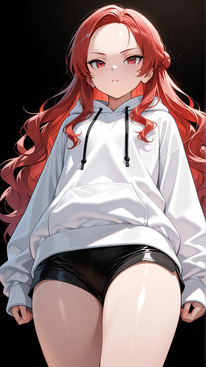 1 girl,wearing a large shirt that reaches the thighs, a jacket, written ´´Harl´´ on it,with a seductive look, and dashing smile.,Gothic style., vibrant colors., russet hair