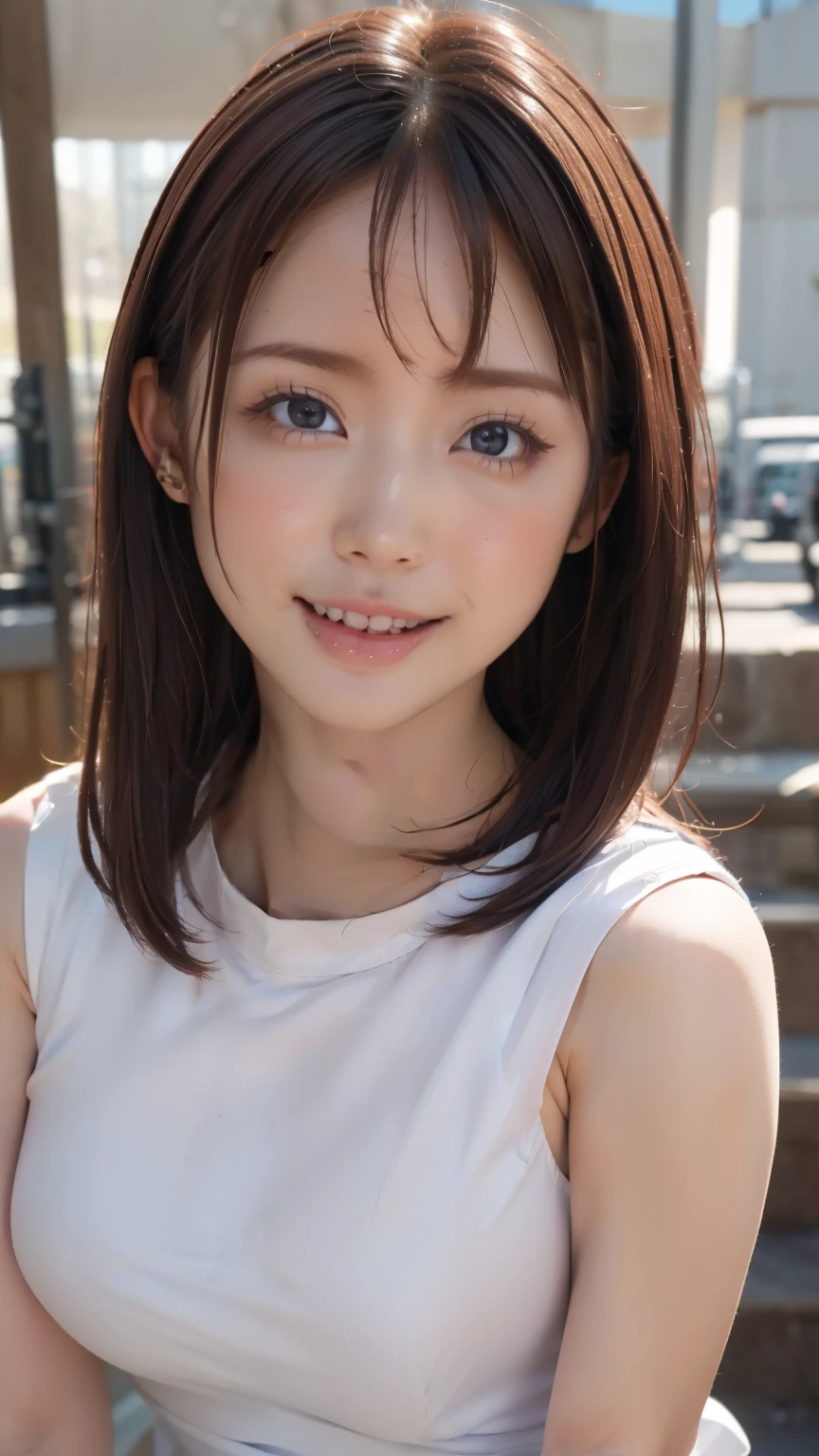 (High resolution 8K),Bright light illumination, armpit, armpit, lens flare, sharpness, (masterpiece), (top-quality), The ultra -The high-definition, high resolution, extremely details CG, subject, (Photographic Equipment, Strobes, tripods, photography lights, reflectors, LED lights), japanes、(1girl in)、beauitful face、(Real Face:1.4)、(Caramel hair、long:1.3)、Beautiful hairstyle、realisticeyes、Beautiful Detail Eye、(Real Skin:1.3)、Beautiful skin、enticing、超A high resolution、A hyper-realistic、high-detail、the golden ratio、(detailed face:1.4)、(Anna Tanaka)、((High School Girl Uniform))、Pubic area visible、sit on stairs, frontage