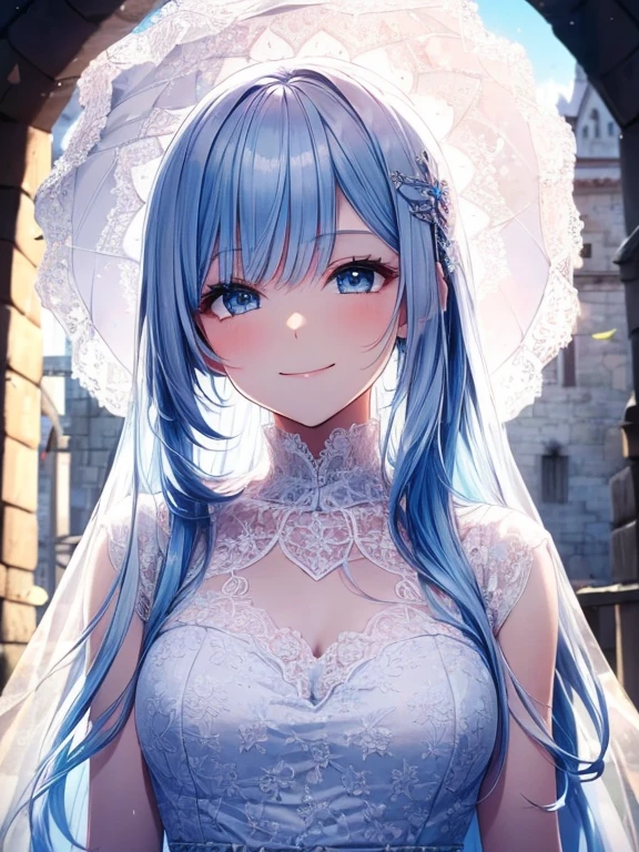 (((smile)))(masterpiece:1.3, Highest quality, Ultra-high resolution, Ultra-detailed), (Realistic, photoRealistic:1.4), ((Big Breasts))Beautiful illustrations, (Natural side lighting, Cinema lighting), Depth of written boundary, Watching the audience, Bust photo, 1 girl, 16 years old, Perfect Face, (Perfect Anatomy), Symmetrical cute face, Baby Face, Glowing Skin, thin (Long Hair:1.8, Long Hair:1.2, Light blue hair), Blue eyes, Pink Lips, Long Eyelashes, (Large Breasts:1.3), Beautiful Hair, Beautiful Face, Detailed and beautiful eyes, Beautiful clavicle, Beautiful body, Beautiful breasts, Beautiful thighs, Beautiful feet, Beautiful fingers, Fine cloth texture, wedding princess dress, Flower on head, Head ornament, (Bandeau wedding dress:1.5), (Silk dress:1.2), (Strapless Wedding Dress:1.5), plain white dress, necklace, Earrings, Cleavage, bouquet, (Lace gloves:1.2), (Bridal Veil:1.2), (Short transparent veil:1.2), (Beautiful views), evening, Clear sunlight, (church, Stained glass) walk, (Smile, blush),