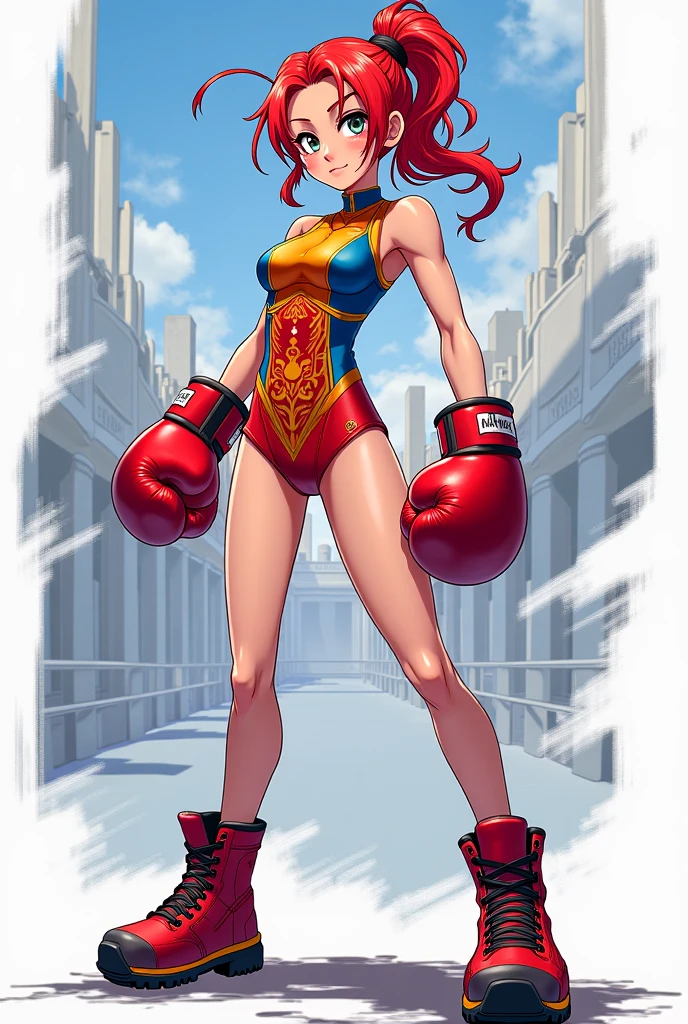 Fighting game character model, woman, Human, full body view, Sketch, concept-art, Bright color, Splash Art, Sharp focus, voluminetric lighting,Boxing champion, Red boxing gloves, White and red striped trunk, Shirtless, Sweaty, American woman, fit, tigh body, thick thighs, thigh gap, cameltoe, hard abs, big breasts, hard nipples, perky tits, visible areolas, nsfw, A mixture of thick and thin lines, 8K, wavy hair