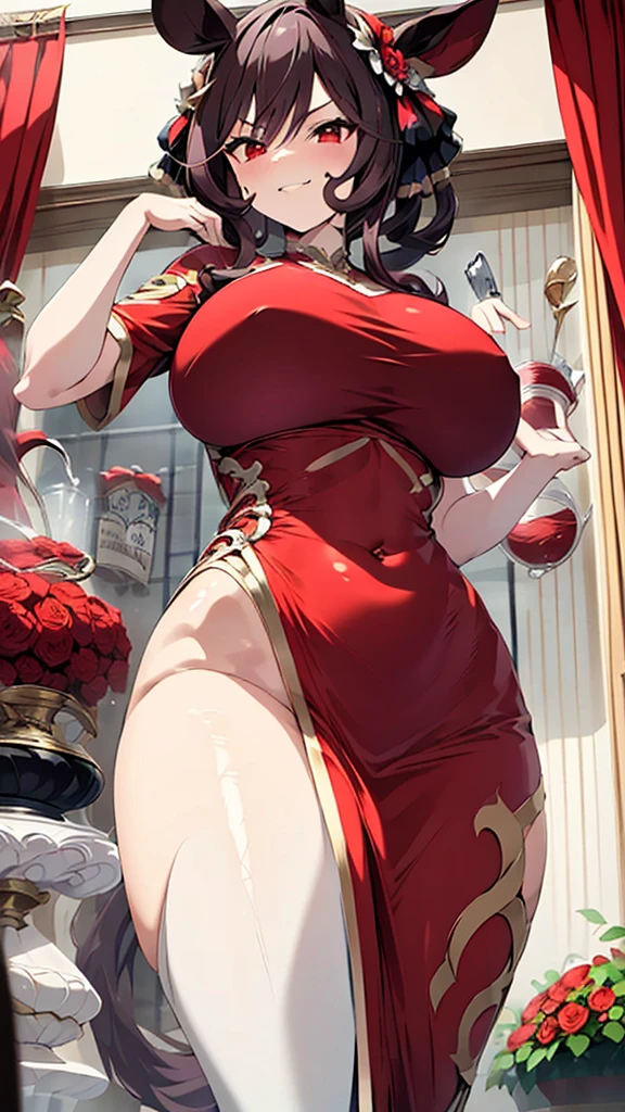 Night time,(Masterpiece), Best Quality, ultra-detailed, 1girl (eri,  Slender and sexy body, huge breasts, wide hips,   brown hair, single hair bun, brown eyes,half-closed eyes, spectacles), evil face, smirk,parted lips, mascara, full makeup, red lipstick,  facing viewer, looking at viewer, solo, red opera dress( staples dress), ornate dress, long dress, pussy, cleavage, bows, in the  livingroom, standing,  Sexy waist teasing , come-on, temptation 