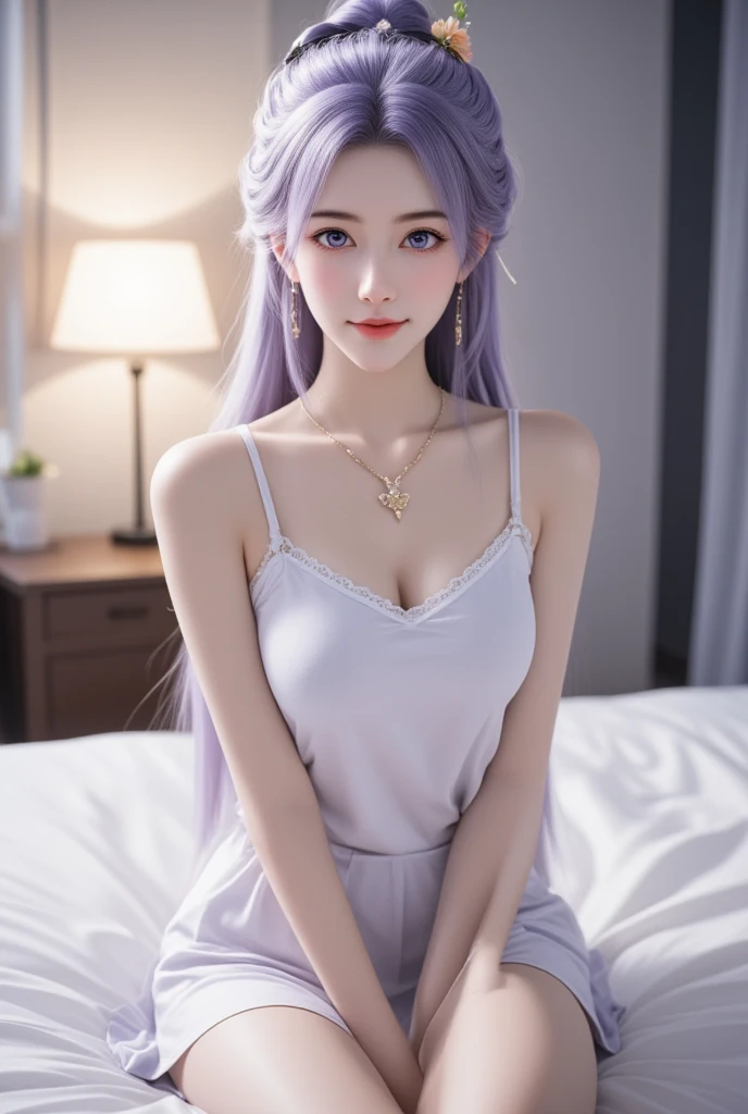 1 girl, (satin dress), blush, (ssmile:0.8), (gray hair:1), nekomimi, hair elastic