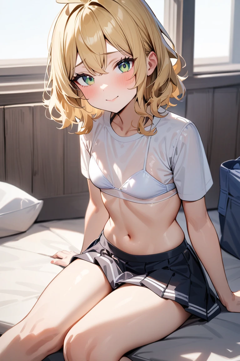 (8K、Best image quality、Highest quality、masterpiece)、One Girl、Blonde、short hair、Wavy Hair、Orange eyes、Earrings、blush、Get angry、Moderate bust、((Yellow plaid bra))、((Yellow plaid panties))、throw、Cowboy Shot、Locker Room Background