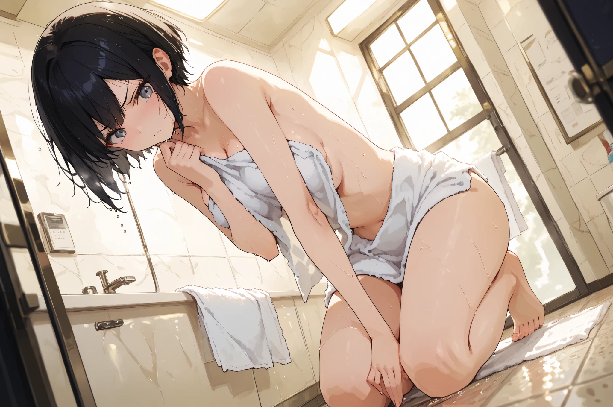 、(masterpiece、Highest quality)、Highest quality, Ultra-high resolution, (((masterpiece))), alone, Sweat、Big eyes, Composition from the front、Shortcuts、Embarrassed face、Bronze colored hair、Cut the back hair short、Bathroom、Shower scene、 Expose、Completely naked、pubic hair、belly button、Large areola、Nipples、short hair