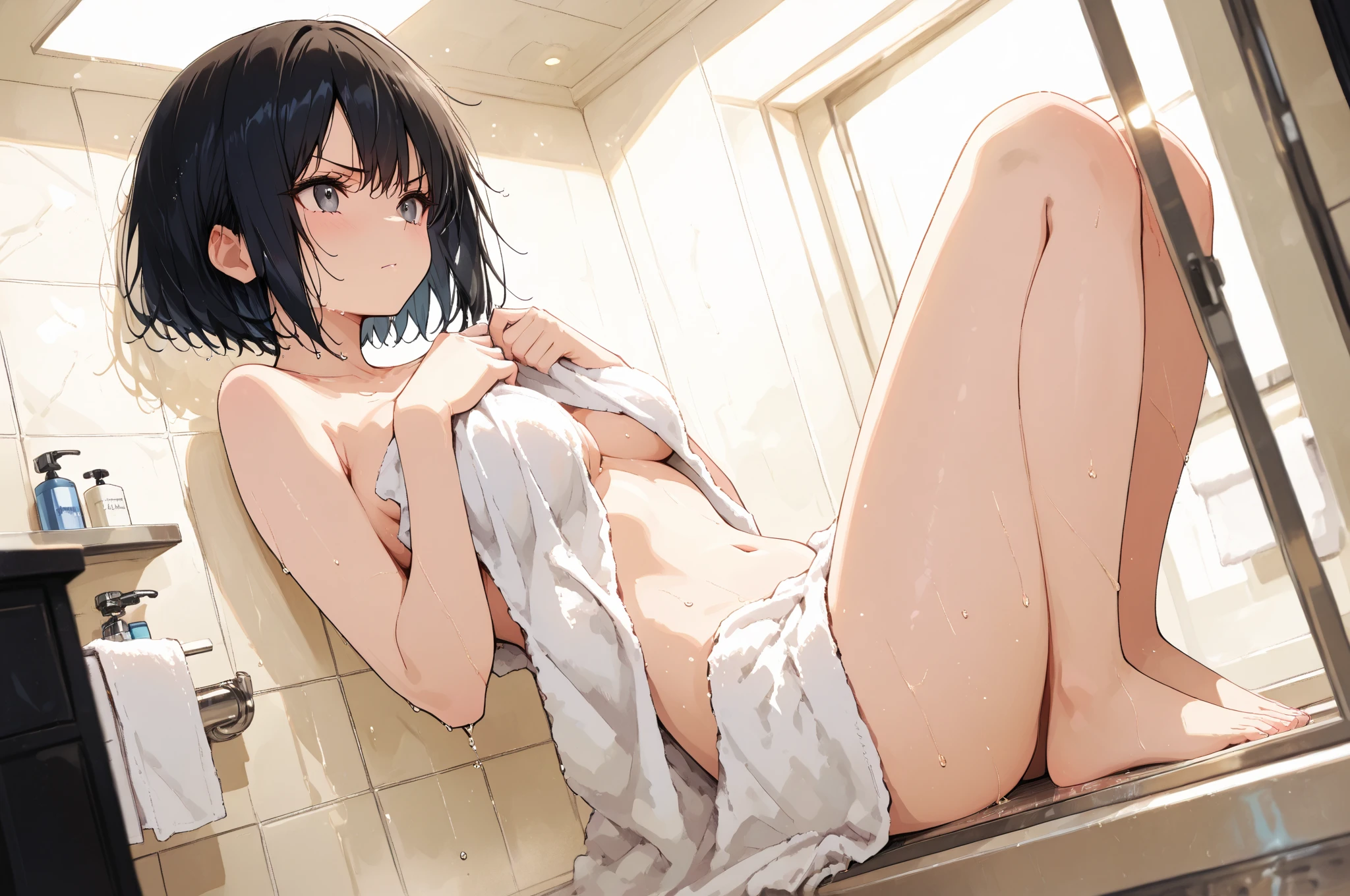 One woman, blush, Open your mouth, Short Hair, Erect nipples, Sweat, Black Hair, Feeling Small breasts Eye highlights Black eyes Naked Bathroom Sitting Full body Washing body Soap