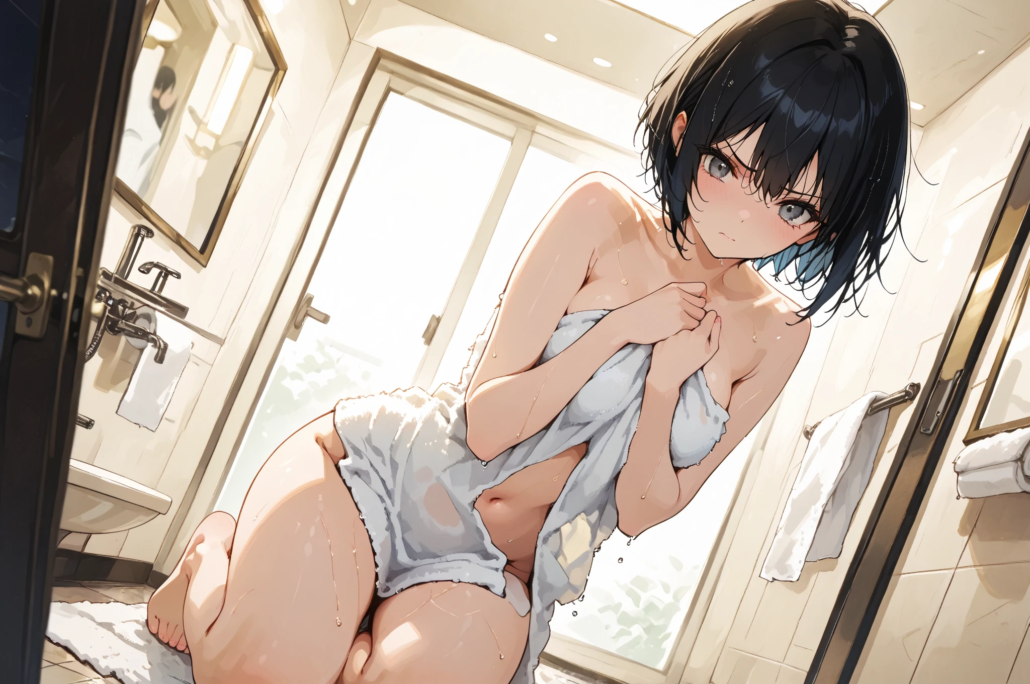 Open legs, open crotch, raise hands to show armpits, dirty room, sexy woman with legs open at M, legs like camel, panties biting, star eyes, panchira, open legs, short cut blue haired woman in yogurt micro bikini showing her hands behind her head, panties with ribbons, whole body wet with white liquid, yogurt on face and chest, embarrassment, Beautiful woman, dirty with yogurt all over her body, abandoned toilet, masterpiece, high quality, 8k, 1 girl, solo, akane, blue tie, full body