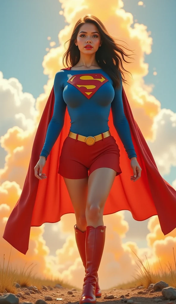 A brunette woman with short hair, thick eyebrows, wearing a superman costume, hottie with a big ass.