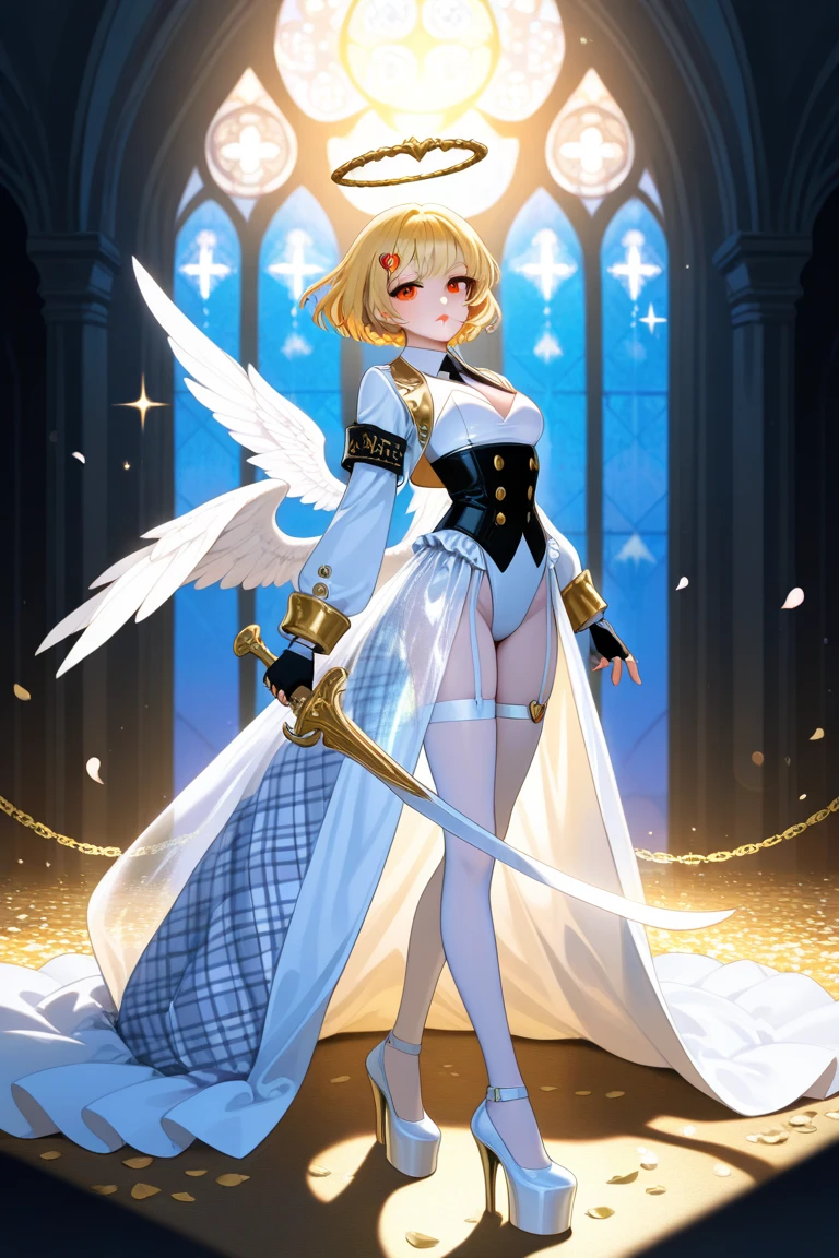 ((best quality)), ((masterpiece)), (detailed), a heavenly female knight, imposing, biblical, NSFW, long white grey hair, grey white eyes, very skinny, detailed, best quality, prominent collarbones, skinny arms, flat stomach, visible hip bones, small breasts, full body, red and white clothing, occult aesthetic, occult, detailed and intricate steampunk and detailed gothic, NSFW, Fluttering lace flared long knee length dress with frilly petticoats, knee length dress, pleated petticoats, petticoats gothic, complex lace boots, gothic aesthetic, wielding a mighty sword with mechanical components, mandalas, small breasts, a fairy, various different types of insect wings, bug wings, beetle wings, NSFW, full body, whole body, body, chains,