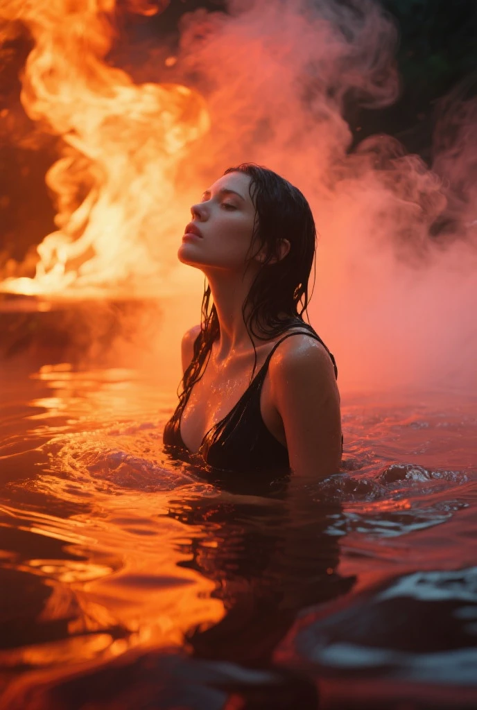 (night) with a lot of reflection of fire on the surface of the waters, epiCRealism, rain of fire, very stunning indonesian balinese girl, sunburnt ebony skin, long light straight hair, wavy at the height of the back, gray eyes, fluffy turned, ((big cheeks)), (close-up upper body:1.3), over shoulder, plump lips, detailed (wrinkles, blemishes!, folds!, moles, viens, pores!!, skin imperfections:1.4), detailed eyes, detailed face, detailed upper body, Better eyes, Better face, Better skin, bathing in the natural, wet hair, naked in a deep lake of flames and transparent waters , only with the head and neck out of the water, gueixa eyes, 18 years old, tangled hair, messy hair, ebony lips, 8k uhd, forest in flames, river of flames, contrast, clear sky, style, (warm hue, warm tone), analog style (look at viewer:1.2) (skin texture), close up, cinematic light, sidelighting, Fujiflim XT3, DSLR, 50mm, topless woman, puffies, dark mysterious forest in flames, thick fog, menacing eyes, long hair, blunt bangs, hair bun, twintails, double bun, sidelocks, clothed bathing, girl floating above the water, MagmaTech forest in flames in background, lava around water, concept art