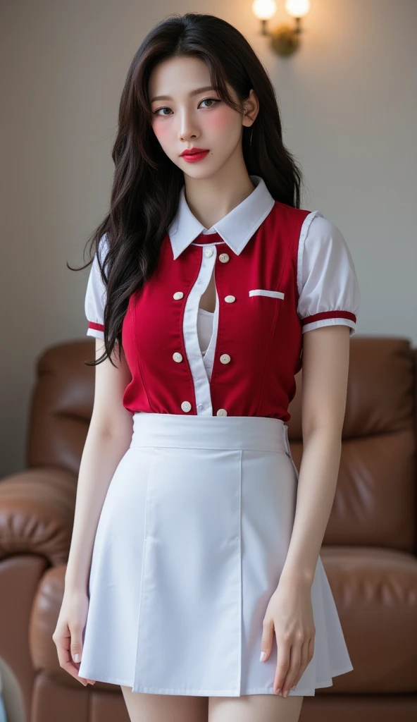 One Girl, Sayla Mass, elegant, Tabletop, Complex, パンツが見えそうなほど短い超ミニskirtの軍用Pink Uniformドレス..、Please squat down and show me your white pants..、超ミニskirtのWhite pantiesー、 ミニskirtでパンツが見えてる、White panties、Realistic, Highest quality, Absurd, High facial detail, Perfect Eyes, 18-year-old, Cowboy Shot, realization、, Vibrant colors, Pink Uniform, skirt