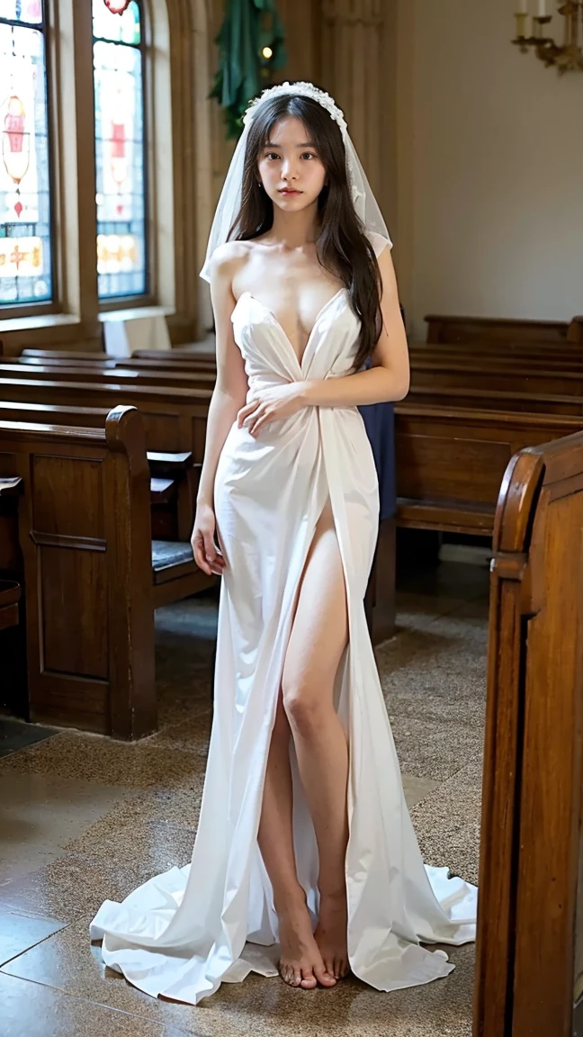 highest quality, Realistic, Very detailed, finely, High resolution, 8k wallpaper, Beautiful woman,, Brown hair short ponytail, (silk wedding dresses), Perfect dynamic composition, finelyて美しい目, Ample breasts, Realistic , smile, Model Body Type、Earrings,garnet necklace,(Wearing a watch 1),Beautiful legs,(Beautiful large stained glass church),Full Body Shot:1.3,Smile and laugh,