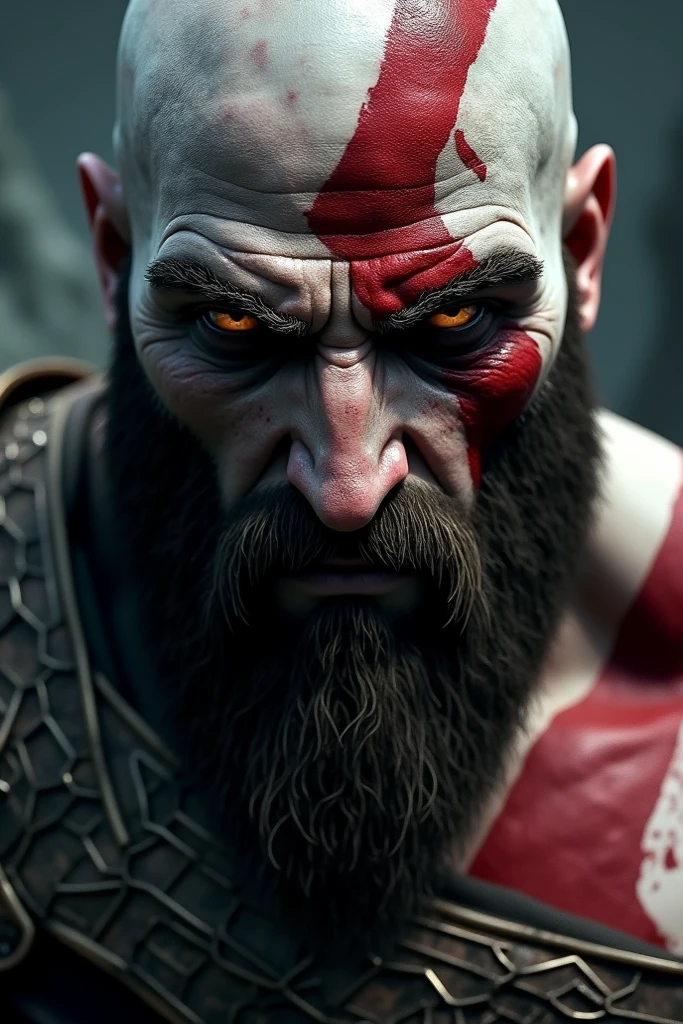Picture of God of War Kratos head with Viking braid instead of bald head