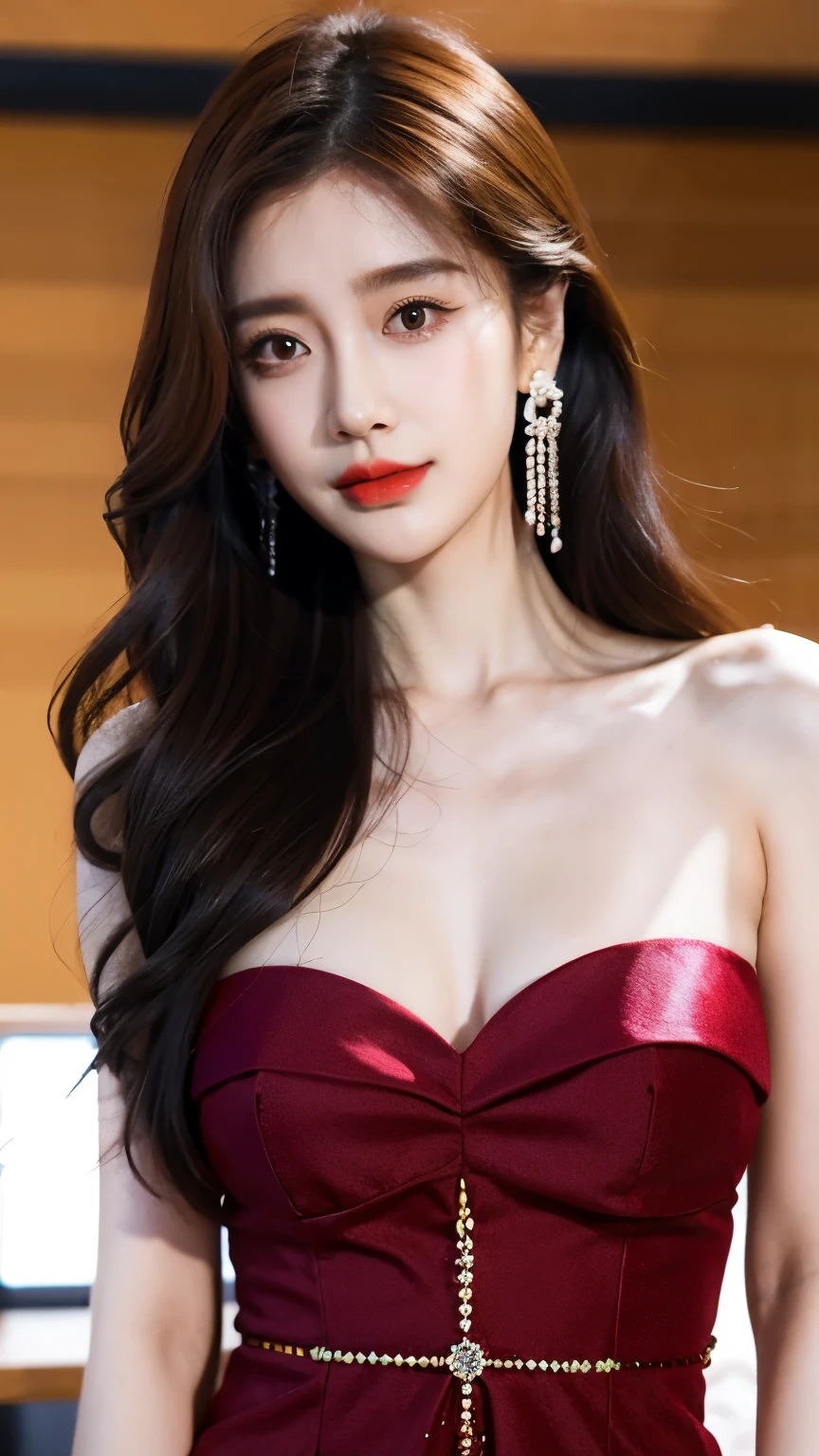 "Create a high-quality image featuring a woman with red hair, fair skin, and impeccable red lipstick application, embodying an elegant and sensual aesthetic. The lighting should be skillfully arranged to play with light and shadow, enhancing her facial features and providing a glamorous atmosphere. The woman should be dressed in a high-fashion piece, such as a long red dress with refined visual details like lace or embroidery, captured by the camera with precision. The depth of field should be carefully adjusted to emphasize the protagonist, while the blurred background adds an artistic touch to the composition. Utilize camera effects like soft bokeh and a carefully chosen color palette to craft a visually stunning and captivating image."