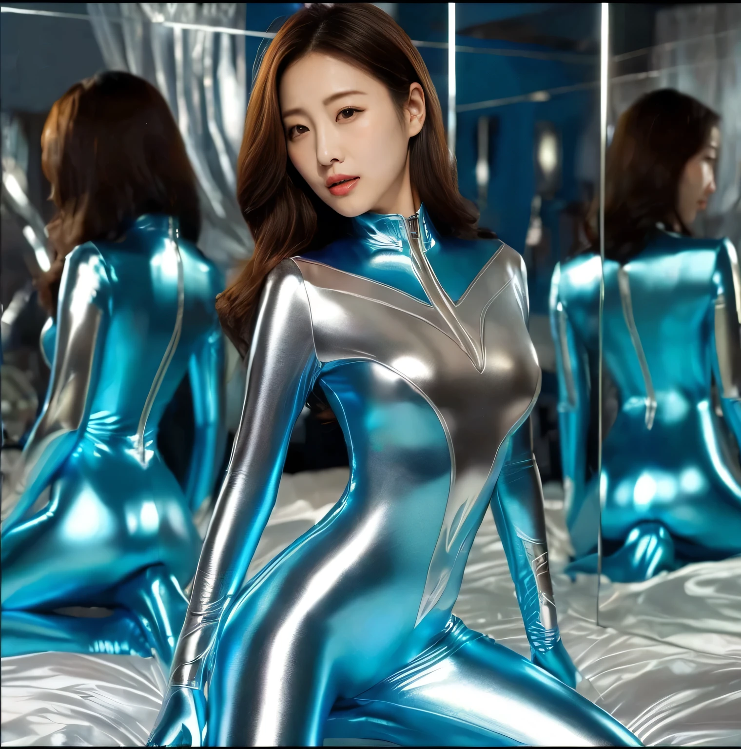Una hermosa mujer china con cabello largo y oscuro y una gran sonrisa, dressed in a blue latex suit and gold jewelry, sitting on a window sill overlooking the city.
