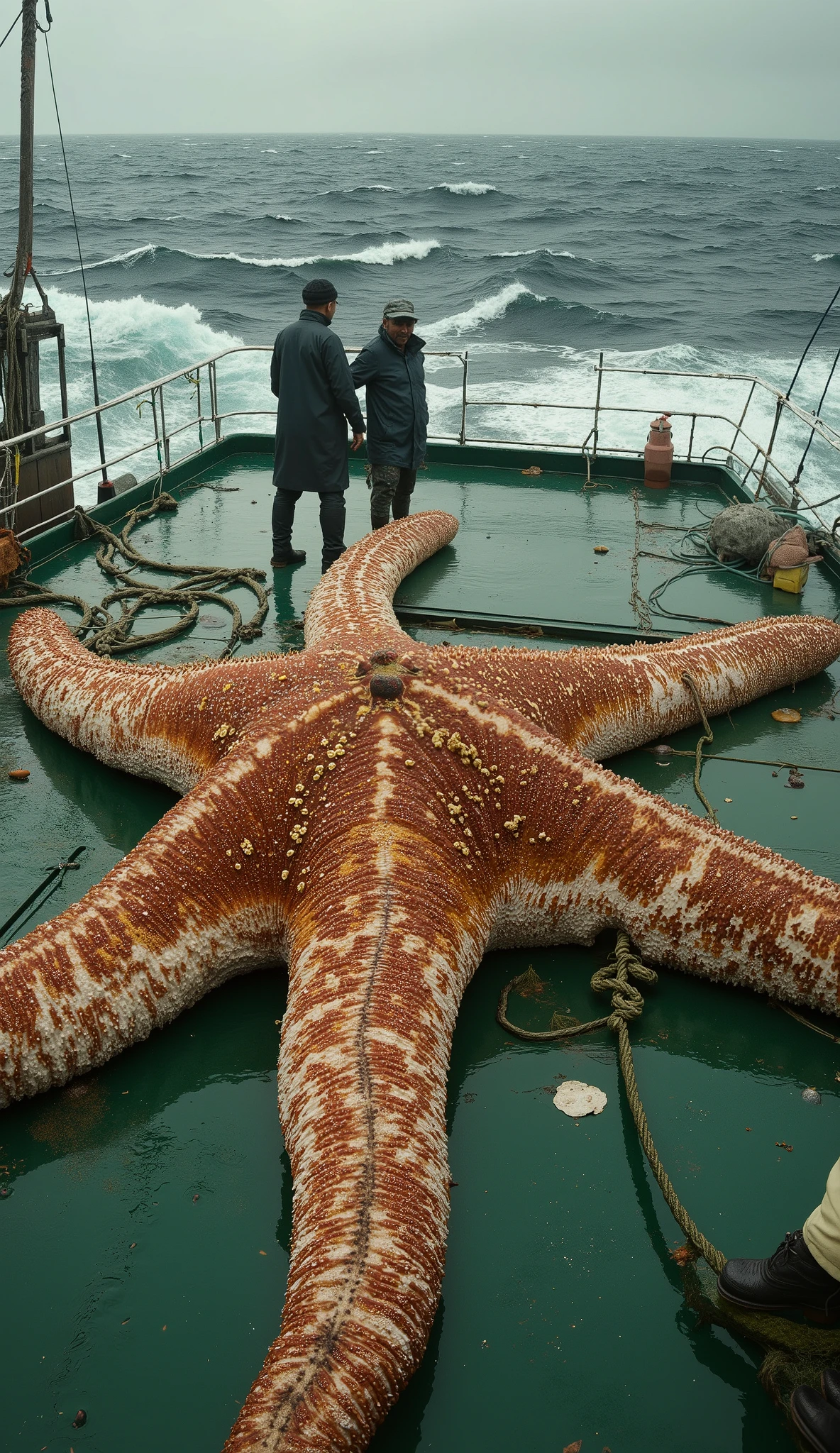 A hyper-realistic scene on the deck of a fishing boat in the middle of the ocean, with rough waves crashing against the hull under dark, overcast skies. The focus is on a massive starfish sprawled across the wet, glistening green deck. Its enormous, five-armed body is covered in rough, bumpy textures, shimmering in shades of deep orange, crimson, and sandy beige. The starfish’s thick, muscular arms stretch across the deck, each lined with rows of tiny, pulsating tube feet that cling to the slick surface. Patches of seawater and marine debris cling to its body, giving it an ancient, otherworldly appearance.

Two fishermen, clad in dark raincoats and heavy boots, stand cautiously near the creature—one gripping a thick rope wrapped around one of its sprawling arms, while the other steadies himself near the railing, staring at the massive echinoderm with a mix of awe and uncertainty. The deck is cluttered with wet ropes, tangled nets, and scattered fish, with seawater pooling around as relentless waves crash against the sides of the boat, creating a surreal and dramatic atmosphere.







