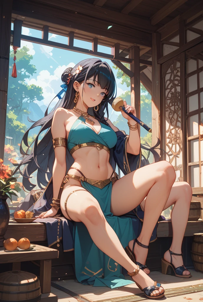 long hair, black hair, medium breast, slim legs, happy, blue gown, cleavage, arabian belly dancer , short skirt, rin tohsaka, twin tail, navel, garden, blue eyes, tiara, sitting, thigh high socks, sunlight,