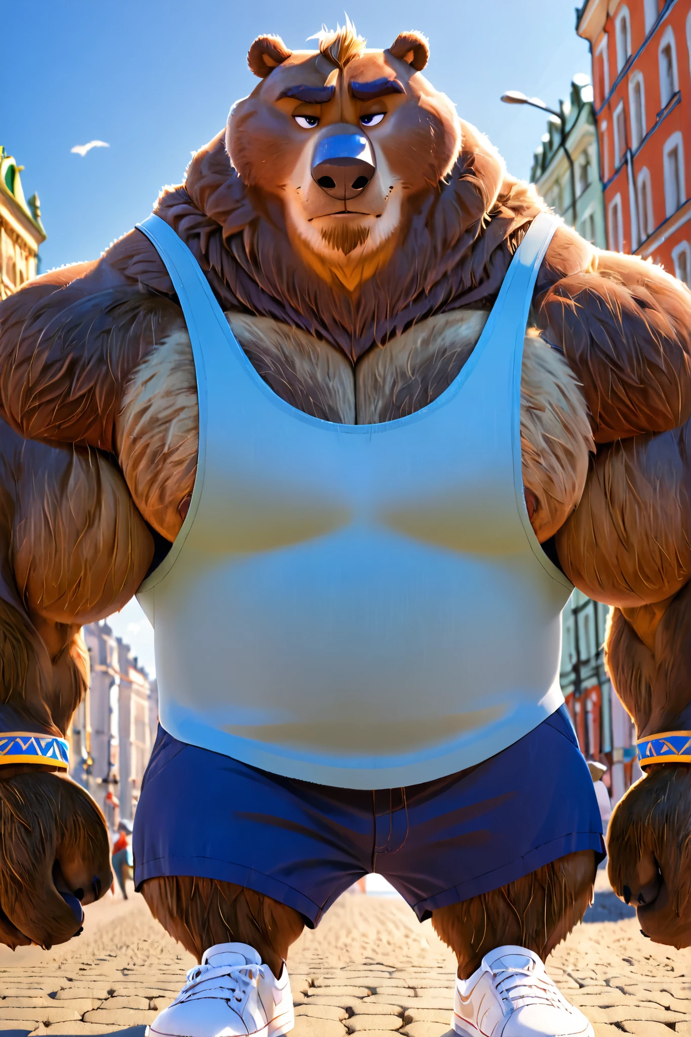 huge muscular Eurasian brown bear in St. Petersburg, Russia beach, big smirk, light Eurasian bear, huge light brown fur, thick arm, huge arm, short Golden hair, added golden moustache and beard, (thick muscular, broad pectoral, wide pectoral, thick neck, thick arms), Zootopia, 8k, masterpiece, added golden eyebrows, detailed eyes with blue pupils, (wearing dark blue shorts, wristbands, light blue tank top and white shoes), bouncing his pecs like a drum