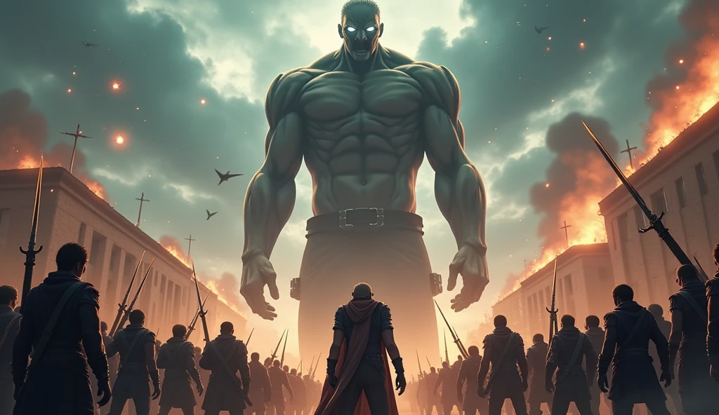 there is a woman standing in front of a group of muscular military men