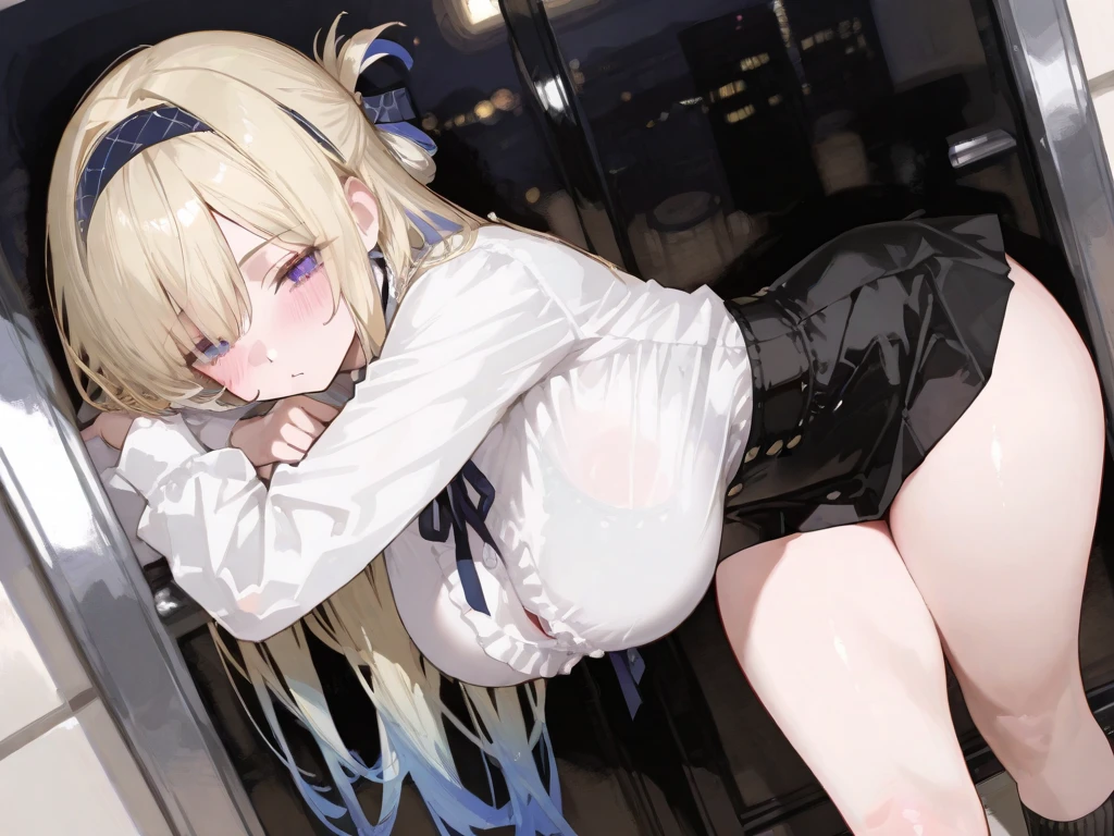high quality, masterpiece , wallpaper, One beautiful girl, Highly detailed eyes and face, Beautiful attention to detail, Blue Eyes , Beautiful blonde hair , deep night, 20-year-old , Large Breasts、Nipples , Hairstyle: wavy hair , Ahegao , Ecstasy face , Masturbation, Climax , Sticking out tongue , Drooling from the mouth , Fleet Collection Kashima , sweating , Costume Black Office Lady , show off my crack , no underwear , Expression of sigh , lick , face dripping , right hand between legs , full body , open legs ,make love , grab wet , heart-shaped pupils , oil skin, tears , not hair ornament , Esthetic Room , black , lotion