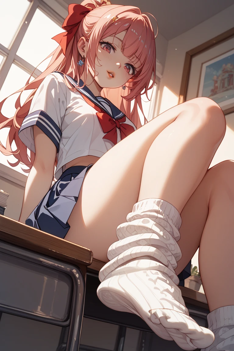 (highest quality:1.2, Very detailed, up to date, Ultra-high resolution, High Contrast, masterpiece:1.2, highest quality, Best aesthetics), (beautiful detailed face), (Highly detailed skin:1.2), 1 lady, jk,   thong:, (under boob:1.2),  (Crop Top white shirt, sleeveless),  Sailor  uniform only for the upper body, (thin thighs:), Red Ribbon Tie, kneeing with hands back:, spread legs, Ray tracing, half opened mouth, smile, Detailed beautiful delicate face, High detailed skin, beautiful detailed Green eyes, bedroom, beautiful detailed hair,  high heeled shoes, long legs ,short torso, anatomically correct,  cinematic lighting, Bright colors and mesmerizing effects, soft and delicate illumination, gentle shine, 