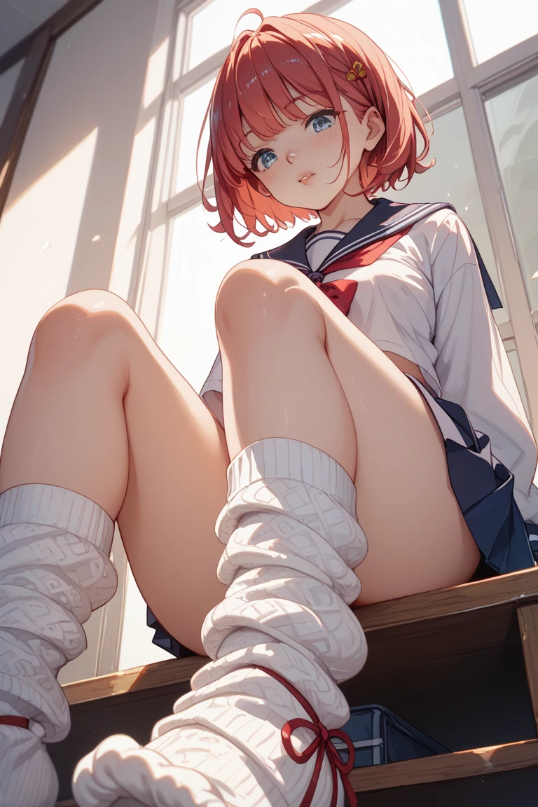 Masterpiece to the smallest detail、top-quality、1girl in、Solo looks 、150cm petite beautiful girl、small tits、12-year-old baby face、red hairs、Gradient bob in the forward、Pink and violet mesh、red eyes、Red eyes、Tall, big eyes、Outstanding looks、A lovely child、proximity、closed_mouth、a smile、red blush、full of shyness、blue headwear、Hats、pink bowtie、校服、 Blue jacket、jaket、skirt by the、Gray skirt shirt、white  shirt、an legs、Black socks、sitting on、‎Classroom、hair_ornament、looking_at_viewer、beatiful detailed eyes、Akame、panties on、lift up one's skirt、Professional effects、
