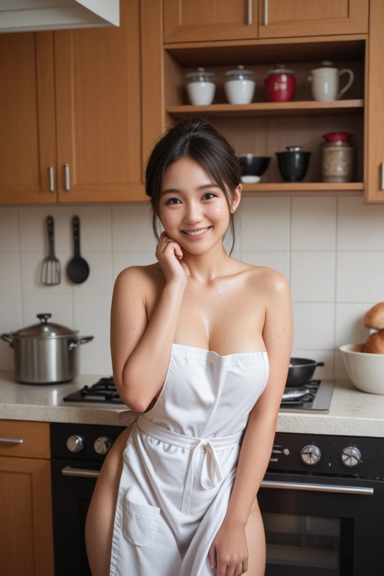 ((Highest quality, 8K, RAW Photos, masterpiece :1.3)), (Realistic、Photorealistic:1.37)、Very detailed、Ultra-high resolution, (Professional Lighting), ((From below)),alone, 1 female, alone, (18-year-old), Japanese, Beautiful and elaborate face, Shining Eyes, Brown eyes,Small breasts､ Small breasts:1.3,(Nogizaka-style beautiful girl) , Fine and beautiful skin, Skin Texture, Blue Kitchen, 
(Bright smile,exceed,Big smile), (Hair Bun, Brown Hair),(Naked Apron:1.3、Lace Apron、The left shoulder strap has fallen off), Recall,
girl,alone、Looking to the side